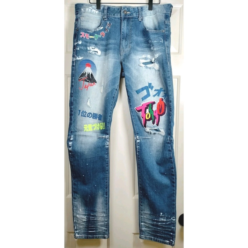 SMOKE RISE Mens 34x34 Rip & Repair Distressed Jeans Frayed Skinny Fit